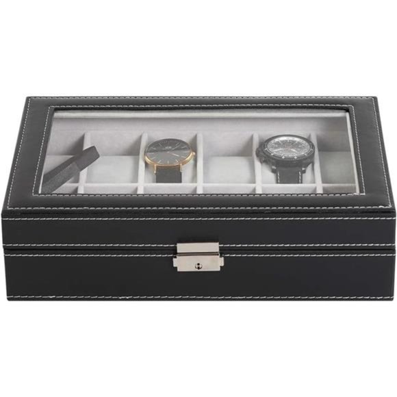 Watch Box 12 Slots Leather Watch Display Case Organizer Watch Holder, Glass Top - Picture 4 of 6